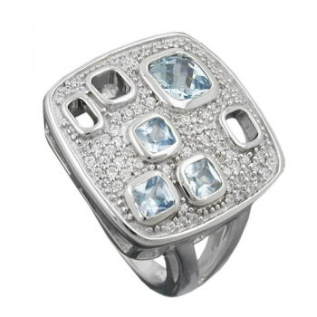 Ring 18mm Viereck Zirkonias aqua weiß glänzend rhodiniert Silber 925 Ringgröße 54, ohne Dekoration