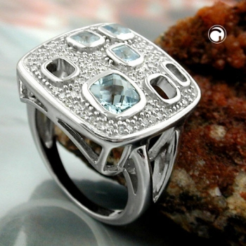Ring 18mm Viereck Zirkonias aqua weiß glänzend rhodiniert Silber 925 Ringgröße 56