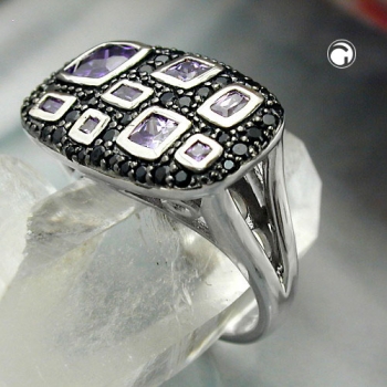 Ring 13x22mm mit Zirkonias lila-schwarz glänzend rhodiniert Silber 925 Ringgröße 54