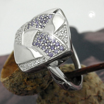 Ring 16x16mm mit Zirkonias lila-weiß matt-glänzend rhodiniert Silber 925 Ringgröße 54