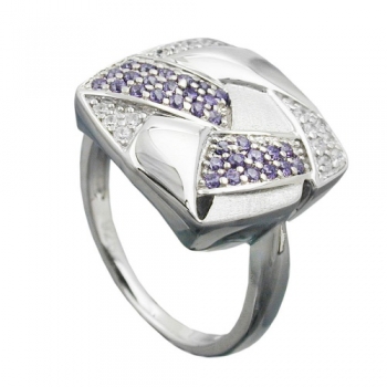Ring 16x16mm mit Zirkonias lila-weiß matt-glänzend rhodiniert Silber 925 Ringgröße 58, ohne Dekoration