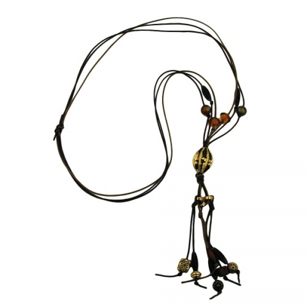Halskette Rillenolive goldfarbig-schwarz Kunststoffperlen Kordel 80cm