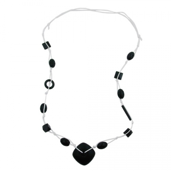 Halskette Kunststoffperlen Viereck schwarz-matt Kordel weiß 110cm