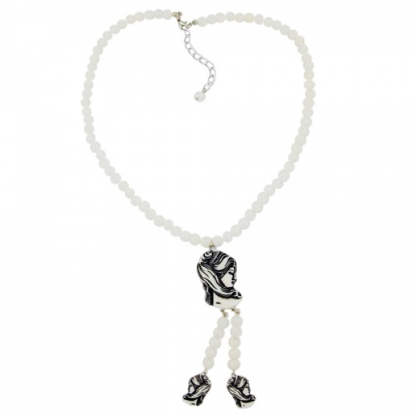 Halskette Y-Form Camée beige-schwarz Kunststoffperlen elfenbein-marmoriert 45cm, ohne Dekoration