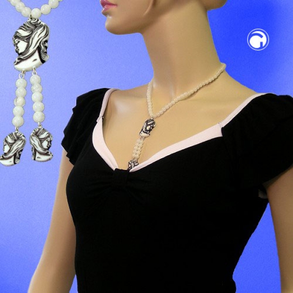 Halskette Y-Form Camée beige-schwarz Kunststoffperlen elfenbein-marmoriert 45cm
