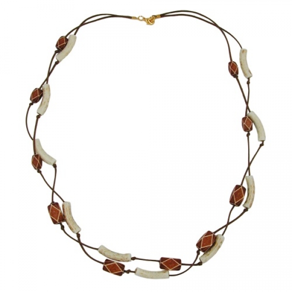 Halskette Kunststoffperlen elfenbeinfarbig braun Kordel braun 61cm, ohne Dekoration