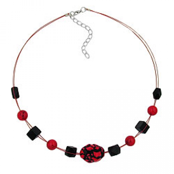 Halskette Drahtkette Kieselstein rot-schwarz Kunststoffperlen 45cm