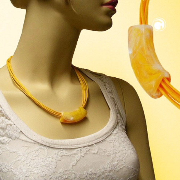 Halskette 54x19mm Schmuck Anhänger Rohr flach gebogen gelb-marmoriert glänzend Kunststoff 45cm-00460