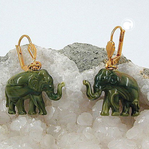 Ohrbrisur Ohrbrisuren Ohrhänger Ohrringe 37x23mm goldfarben Elefant mini oliv-marmoriert Kunststoff-00489