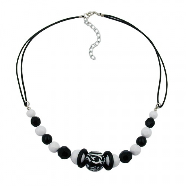 Halskette Kunststoffperlen Schmuckperle schwarz-weiß Kordel schwarz 45cm
