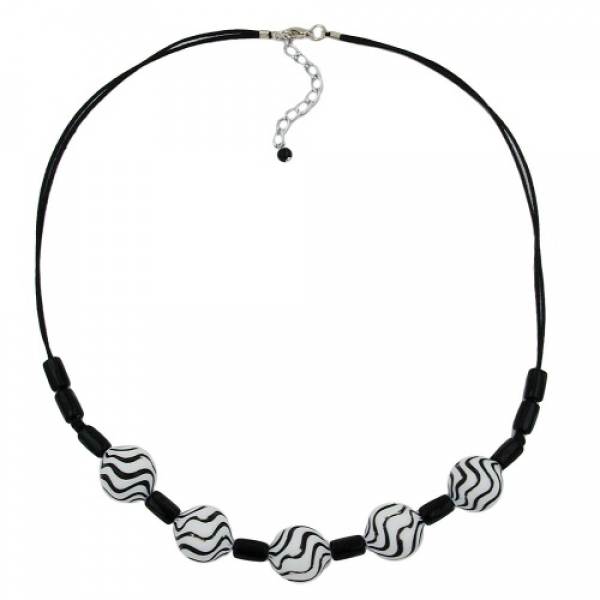 Halskette Kunststoffperlen Wellenperle weiß-schwarz Kordel schwarz 50cm