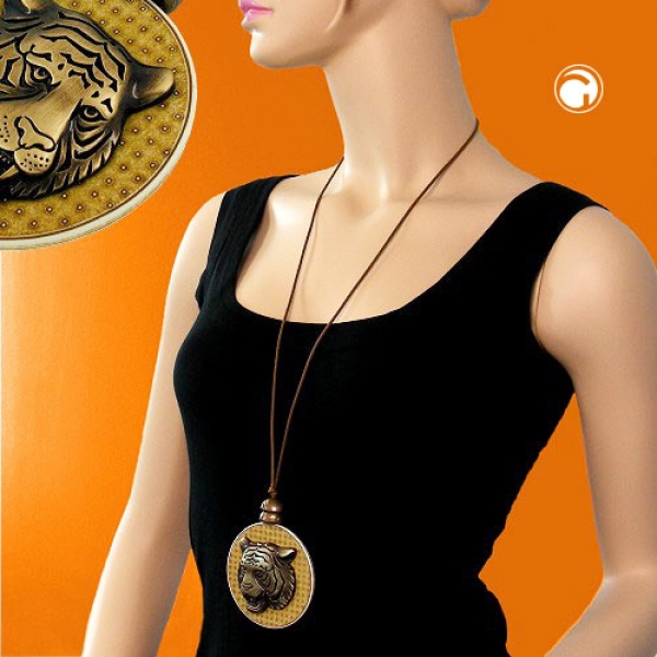 Halskette, Platte mit Tigerkopf altmessing, 75cm
