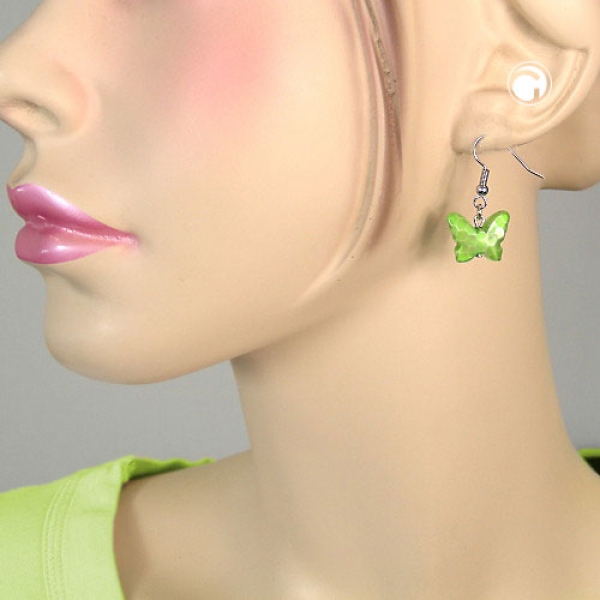 Ohrhaken Ohrhänger Ohrringe 32x16mm Schmetterling mit Schliff Kunststoffperle kiwigrün