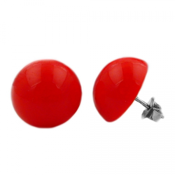 Ohrstecker Ohrring 13mm satt-rot-glänzend Kunststoff halbrund gewölbt, ohne Dekoration