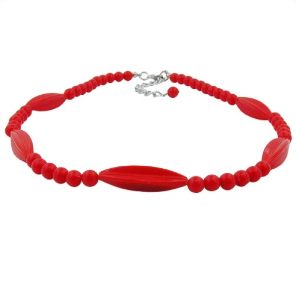 Kette Rillenolive und Perle rot Kunststoff Verschluss silberfarbig 42cm, ohne Dekoration