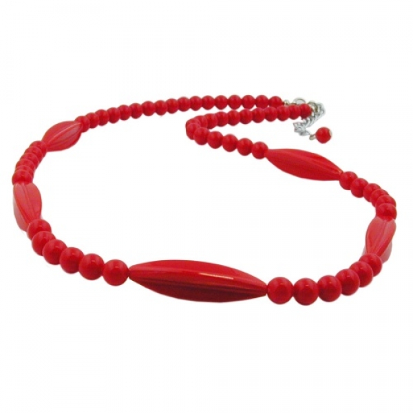 Halskette Rillenolive und Perle rot Kunststoff Verschluss silberfarbig 50cm, ohne Dekoration