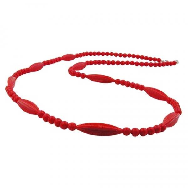 Halskette Rillenolive und Perle rot Kunststoff Verschluss silberfarbig 80cm, ohne Dekoration