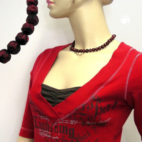 Halskette 10mm Kunststoffperlen Barockperlen rot-schwarz-marmoriert 42cm