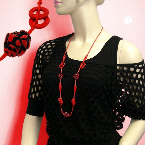 Halskette Kunststoffperlen Kieselstein rot-schwarz Kordel rot 100cm