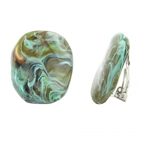 Clip Ohrring 28x23mm Kiesel oliv-braun-türkis-marmoriert glänzend Kunststoff-Bouton, ohne Dekoration