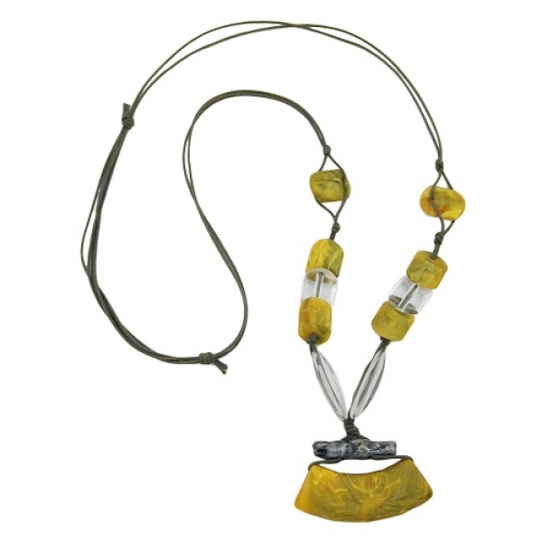 Halskette 54x19mm Anhänger Rohr flach gebogen gelb-oliv-marmoriert matt Kunststoffperlen 90cm