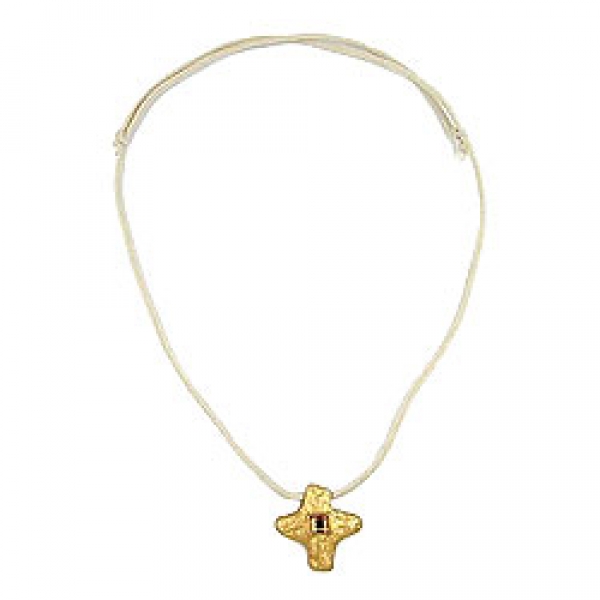 Halskette Anhänger Kreuz Metallguss matt-goldfarben Glasstein Kordel beige 70cm, ohne Dekoration