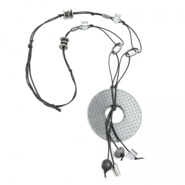 Halskette 77mm Kunststoffanhänger Lochring altsilberfarben Kordel grau 90cm