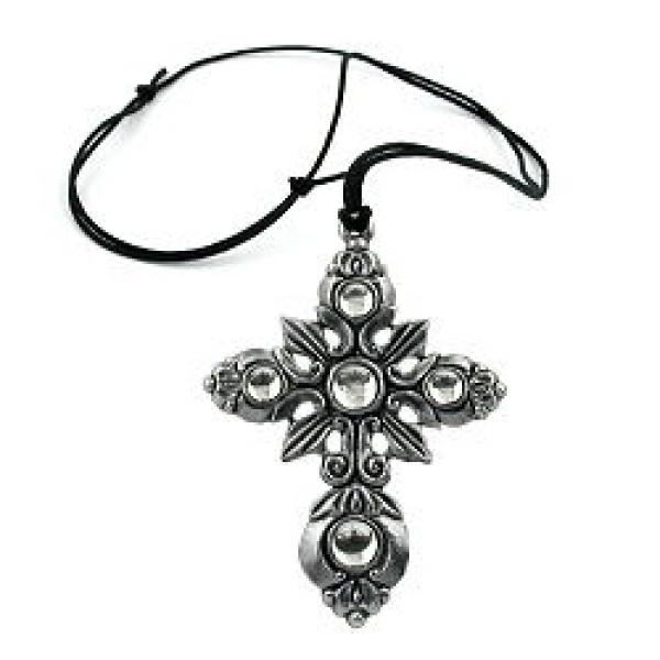 Halskette 66x55mm Zinn-Anhänger Kreuz filigran mit 5x Glasstein kristall 110cm