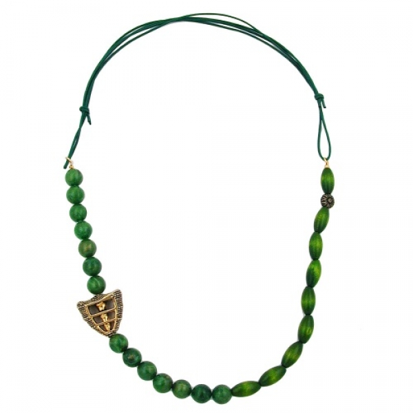 Halskette Kunststoffperlen grün-glänzend Holzperlen grün Kordel grün 90cm