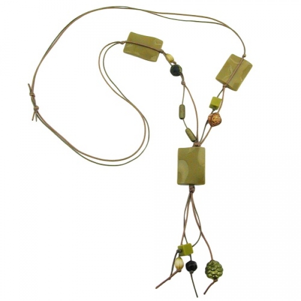 Halskette Y-Form 35x25mm 3x Viereck gewellt oliv-glänzend Kordel 90cm