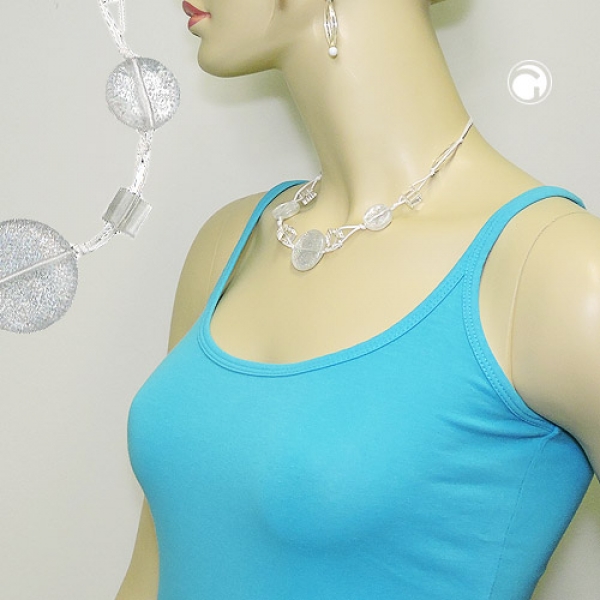 Halskette 3x Scheibe Kunststoffperlen weiß-transparent-flitter Kordel weiß 45cm