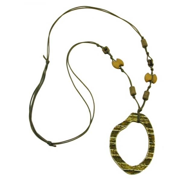 Halskette 77x56mm Baumring olivgrün Kunststoff Baumwollkordel khaki 100cm