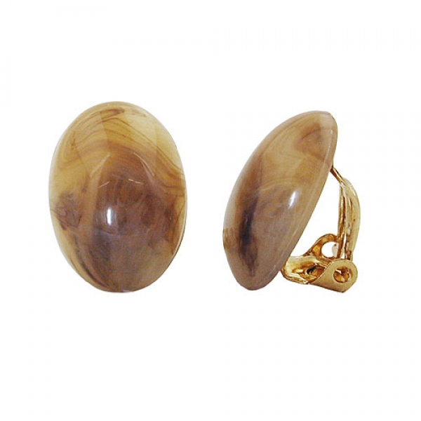 Clip Ohrring 18x13mm mini oval horn-braun-marmoriert glänzend Kunststoff-Bouton, ohne Dekoration