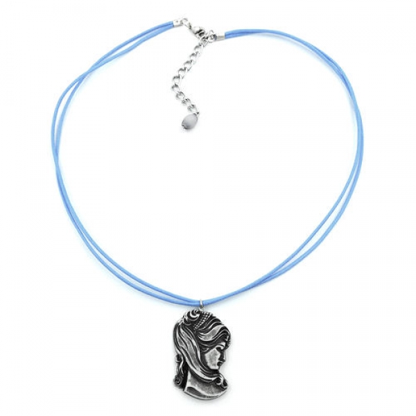 Halskette, Cameè grau, Kordel hellblau, 40cm, ohne Dekoration