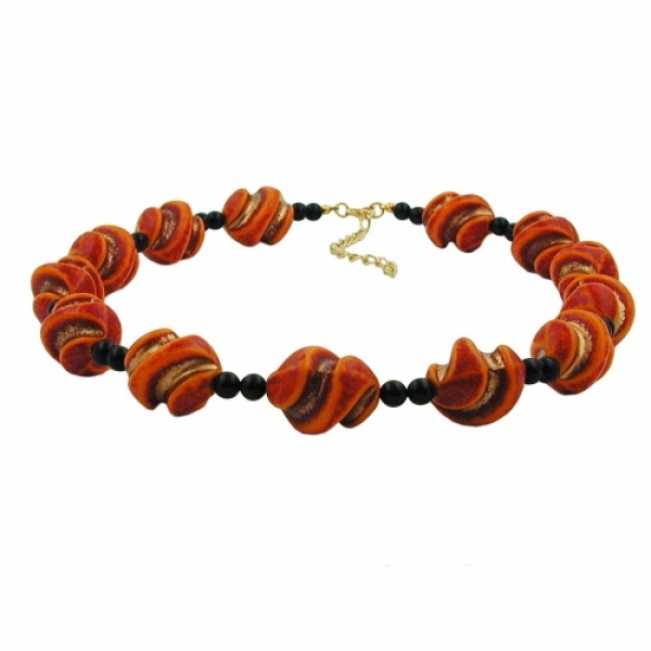 Halskette Kunststoffperlen Schraubenperlen rot-orange schwarz 50cm, ohne Dekoration