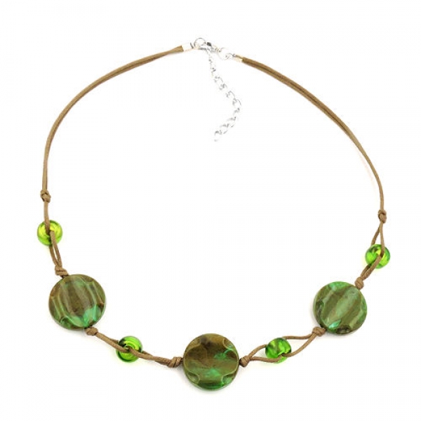 Halskette 3x Scheibe Kunststoff khaki-grün-marmoriert Kordel hellbraun 45cm
