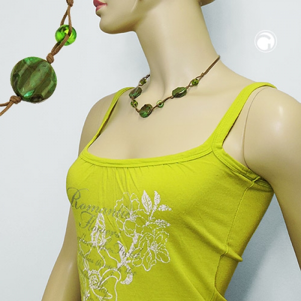 Halskette 3x Scheibe Kunststoff khaki-grün-marmoriert Kordel hellbraun 45cm