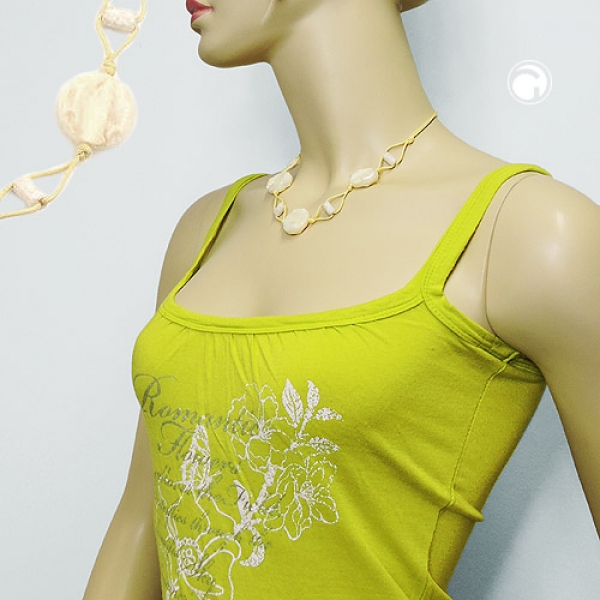 Halskette 3x Scheibe Kunststoff creme-beige-marmoriert Kordel gelb 45cm