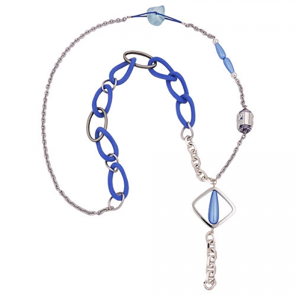 Halskette Kunststoffperlen blau transparent chromfarben Kettenglieder Aluminium 90cm, ohne Dekoration
