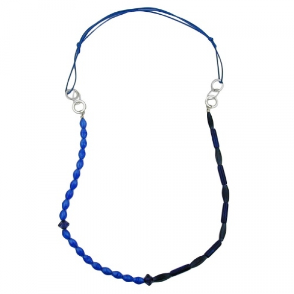 Halskette Kunststoffperlen blau Metallringe rhodiniert Kordel blau 90cm, ohne Dekoration