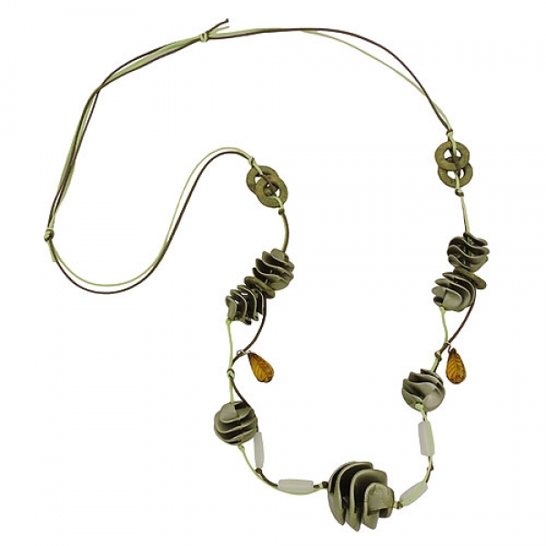 Halskette 7x Spiralperlen grün-seidig Kunststoffperlen Baumwollkordel 100cm, ohne Dekoration