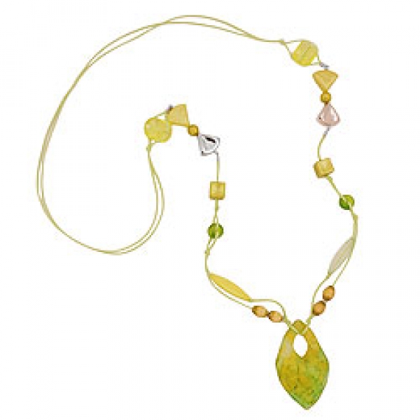 Halskette Kunststoffperlen Faustkeil gelb-grün glänzend Kordel lindgrün 90cm