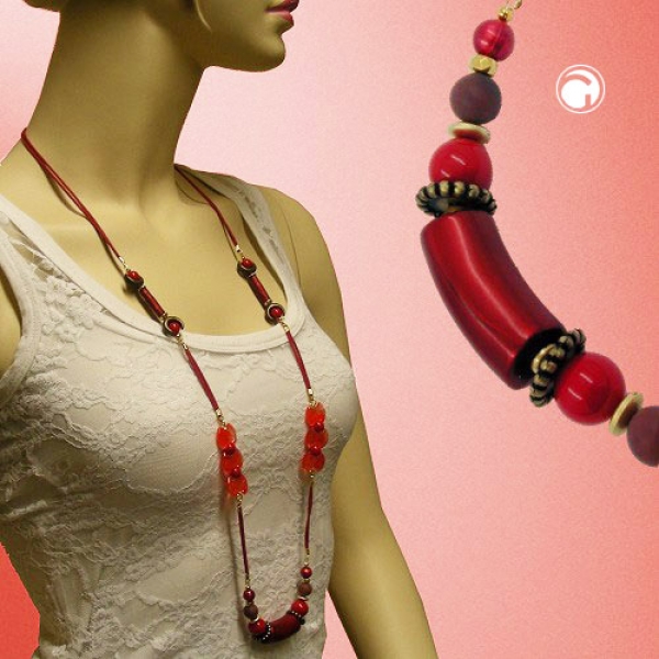 Halskette, Perlen seide-rot, altmessing