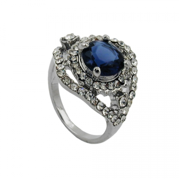 Ring, blauer Glasstein, rhodiniert, ohne Dekoration