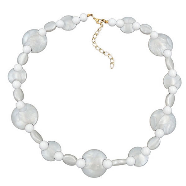 Halskette 18mm und 23mm Scheiben Kunststoff wachsweiß und Perlen weiß 45cm, ohne Dekoration