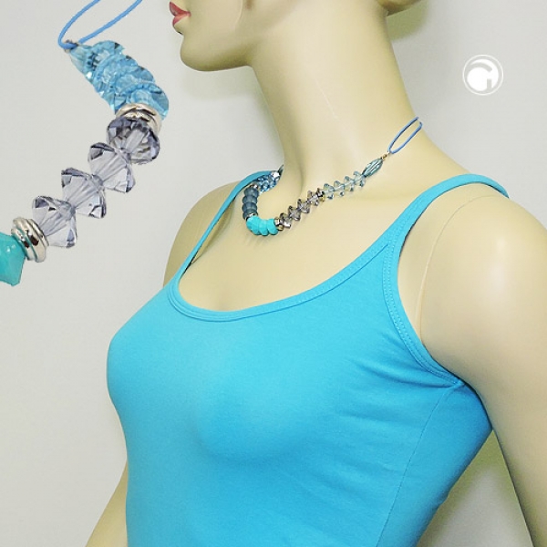 Halskette, Facettenperle türkis, Kordel blau, 45cm