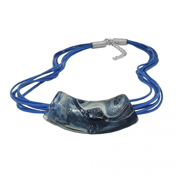 Halskette 54x19mm Anhänger Rohr flach gebogen blau-silber-marmoriert glänzend Kunststoff 45cm