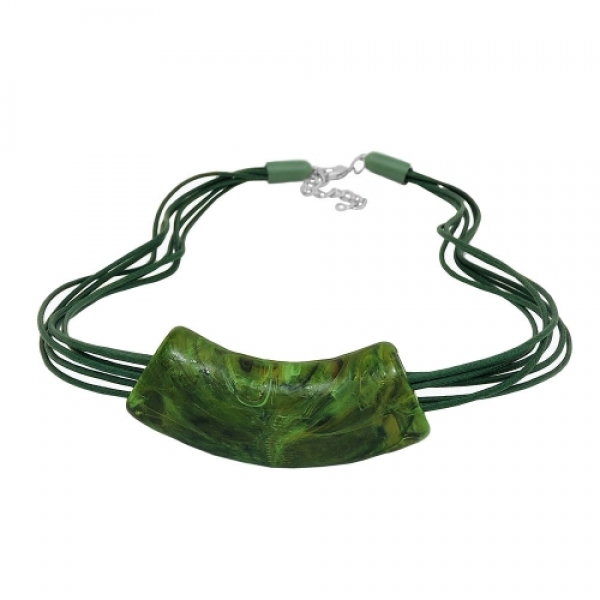 Halskette 54x19mm Anhänger Rohr flach gebogen grün-marmoriert glänzend Kunststoff 45cm