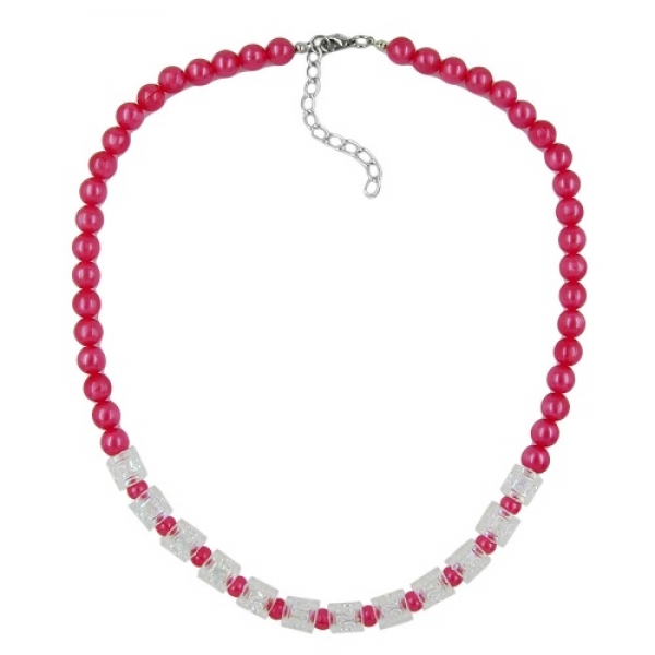 Kette Kunststoff-Perlen rot seidig-glänzend Walzenperle kristal AB 45cm, ohne Dekoration
