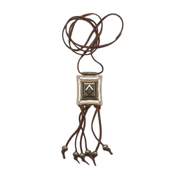 Halskette Kunststoff Viereck elfenbein-altmessingfarben Velourband dunkelbraun 100cm, ohne Dekoration
